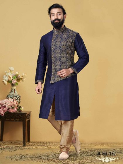 Stylish Designer Kurta Pajama Blue,Golden Colour.