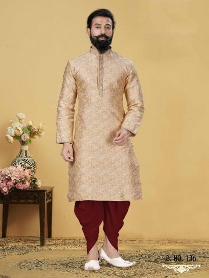 Golden Colour Jacquard,Silk Men's Designer Kurta Pajama.