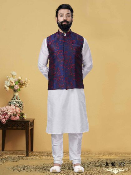 Blue,Off White in Dupion Silk Men's Kurta Pajama Jacket.