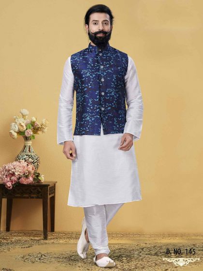 Blue,Off White Colour Dupion Silk Men's Kurta Pajama Jacket.