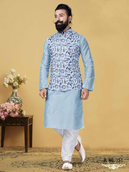 Sky Blue,Off White Dupion Silk Men's Kurta Pajama Jacket.