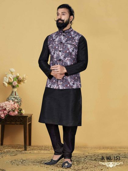 Black,Grey Colour Dupion silk Party Wear Kurta Pajama Jacket.