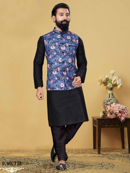 Dupion Silk Party Wear Kurta Pajama in Black,Blue Colour.