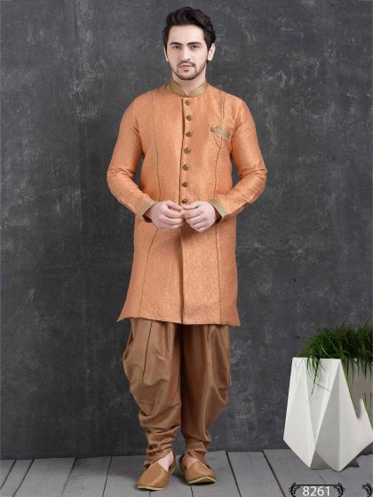 Peach Colour Brocade Silk Men's Indowestern.