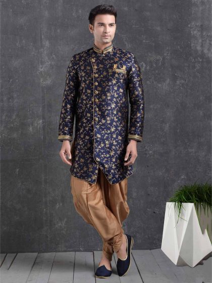 Blue Colour Party Wear Indowestern in Brocade Silk Fabric.