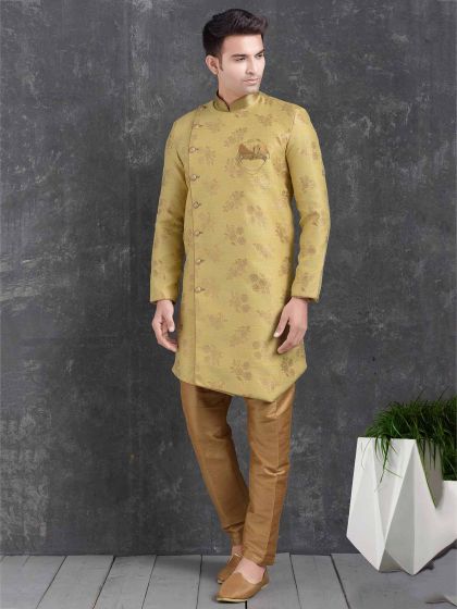 Mustard Yellow Semi Indowestern in Jacquard,Brocade Silk Fabric.