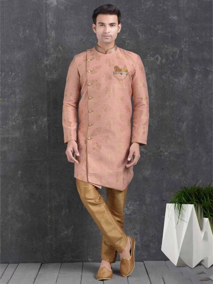 Peach Colour Jacquard,Brocade Silk Semi Indowestern.