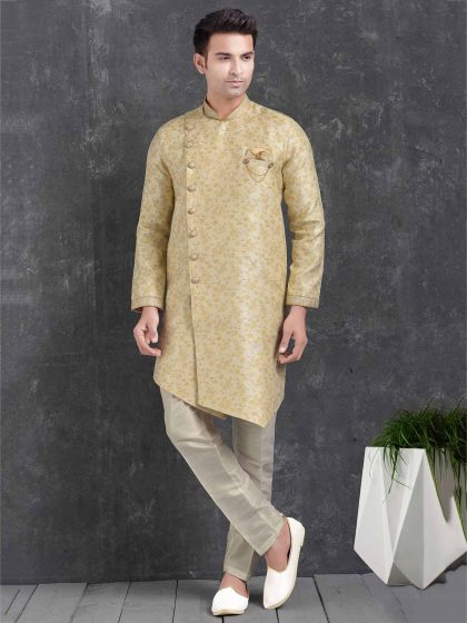 Designer Indowestern Cream Colour in Jacquard,Brocade Silk Fabric.