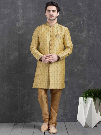 Wedding Indowestern Golden Colour In Brocade Silk Fabric.
