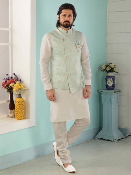 Pista,Cream Colour Banarasi Silk Men's Kurta Pajama Jacket.