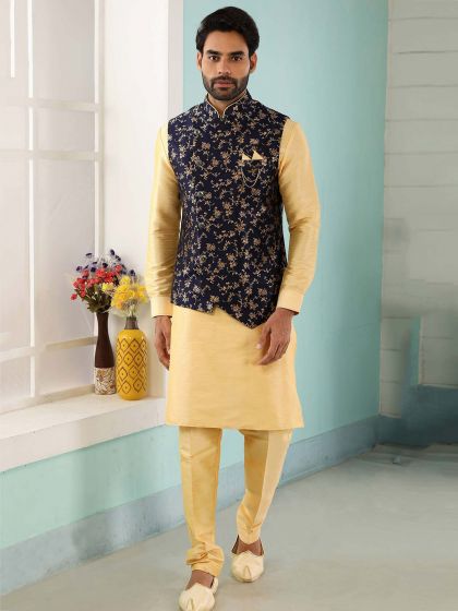 Blue,Golden Colour Jacquard,Banarasi Silk Party Wear Kurta Pajama.
