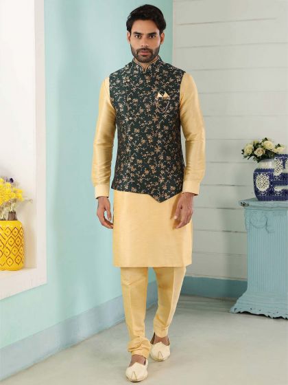 Dark Green,Golden Colour Men's Kurta Pajama Jacket.