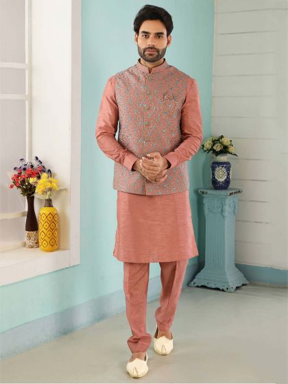 Rust Colour Banarasi Silk Designer Kurta Pajama Jacket.