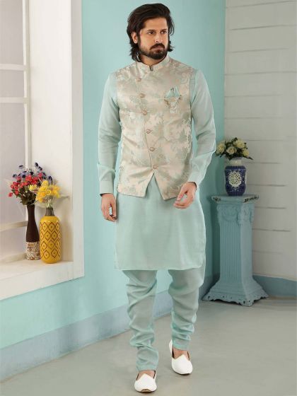Cream,Sky Blue Colour Banarasi Silk Men's Kurta Pajama.