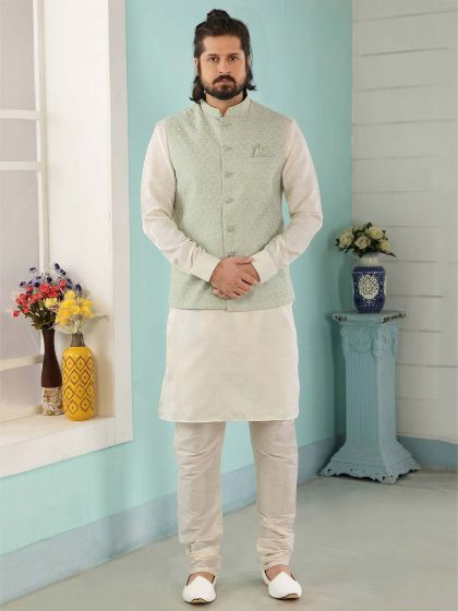 Pista,Cream Colour Men's Kurta Pajama Jacket.