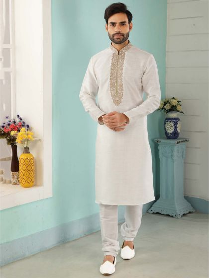 Off White Colour Designer Kurta Pajama in Banarasi Silk Fabric.