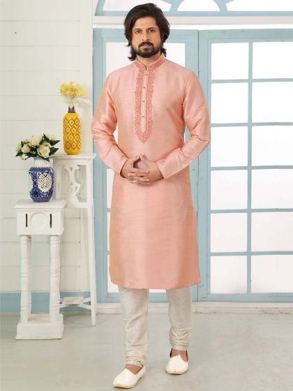 Pink Colour Banarasi Silk Men's Kurta Pajama.