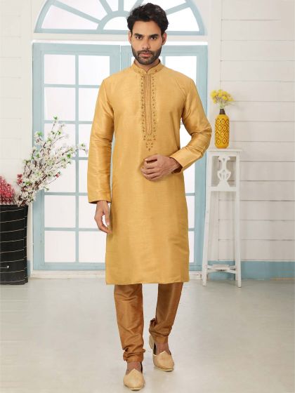 Golden Colour Banarasi Silk Wedding Kurta Pajama.