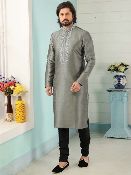 Banarasi Silk Men's Designer Kurta Pajama in Grey Colour.