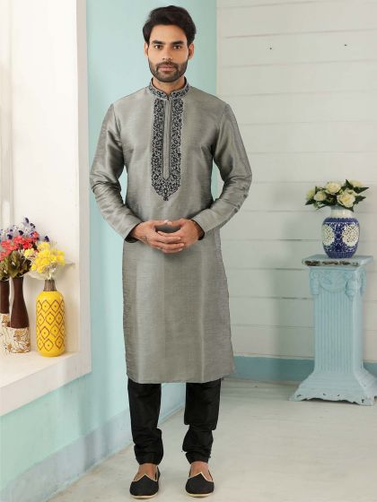 Grey Colour Banarasi Silk Kurta Pajama.