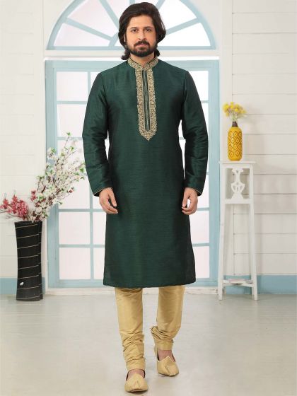 Dark Green Designer Kurta Pajama in Banarasi Silk Fabric.