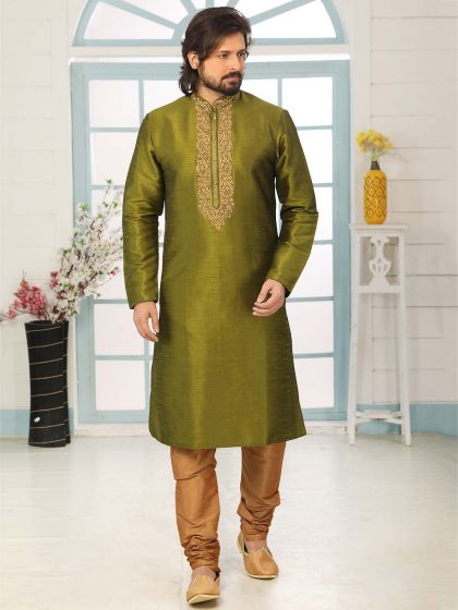 Green Colour Banarasi Silk Men's Kurta Pajama.