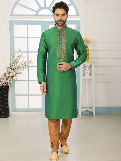 Banarasi Silk Men's Kurta Pajama in Green Colour.