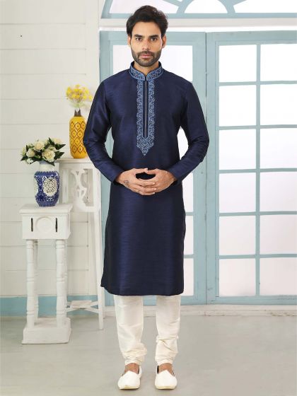 Banarasi Silk Designer Kurta Pajama in Navy Blue Colour.