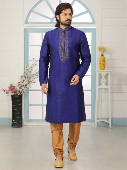 Blue Colour Banarasi Silk Men's Kurta Pajama.