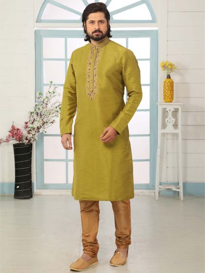 Green Colour Men's Designer Kurta Pajama in Banarasi Silk Fabric.