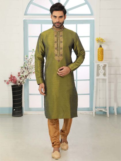 Green Colour Banarasi Silk Men's Kurta Pajama.