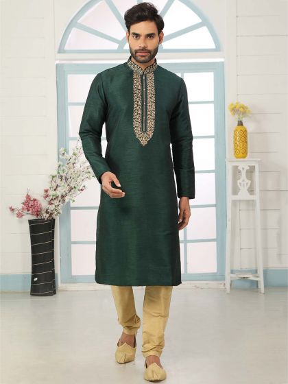 Dark Green Colour Banarasi Silk Kurta Pajama.