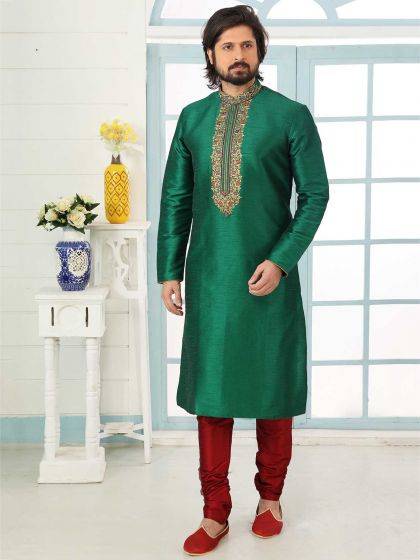 Green Colour Banarasi Silk Men's Designer Kurta Pajama.