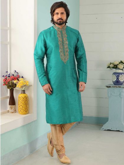 Banarasi Silk Men's Kurta Pajama in Teal Green Colour.