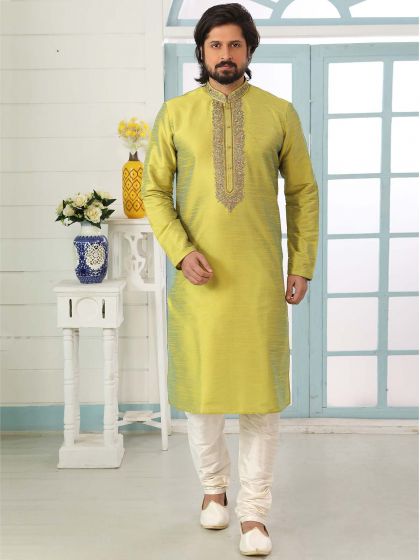 Parrot Green Colour Banarasi Silk Readymade Kurta Pajama.