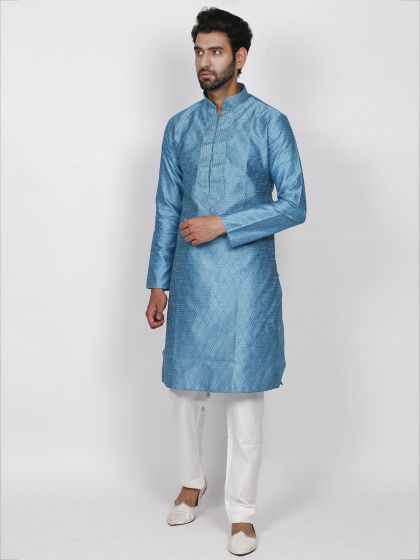 Turquoise Colour Brocade Fabric Men's Kurta Pajama.