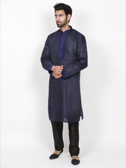 Dark Blue Colour Linen Fabric Party Wear Kurta Pajama.