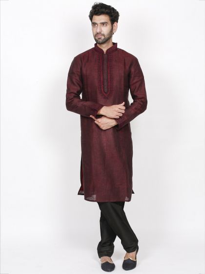 Exclusive Designer Kurta Pajama Wine Colour in Linen Fabric.