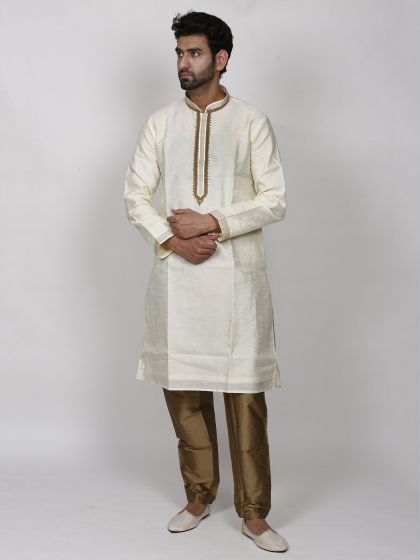 Cream Colour Dupion Silk Men's Designer Kurta Pajama.