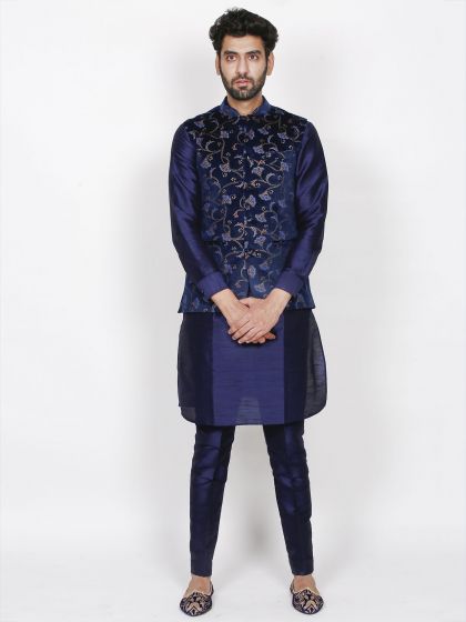 Blue Colour Velvet,Silk Fabric Party Wear Kurta Pajama Jacket.