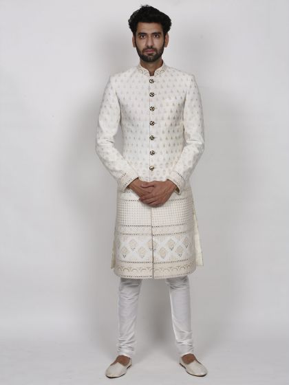 Indian Wedding Sherwani Cream Colour in Silk Fabric.
