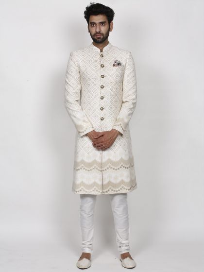 Cream Colour Lucknowi Fabric Wedding Sherwani.