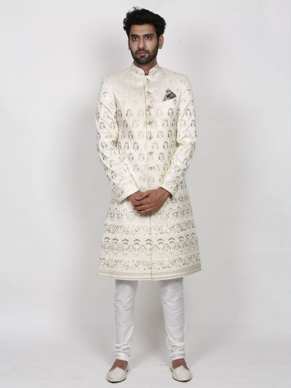 Cream Colour Lucknowi,Silk Fabric Indian Designer Sherwani.