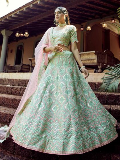 Green Colour in Organza Fabric Designer Lehenga Choli.