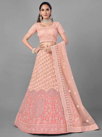 Peach Colour Net Designer Lehenga Choli.