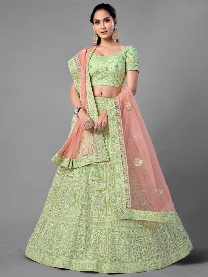 Pista Green Colour Net Fabric Engagement Lehenga Choli.