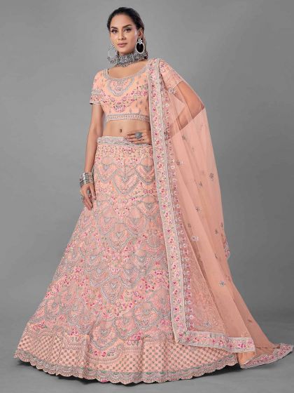 Peach Colour Net Fabric Designer Lehenga Choli.