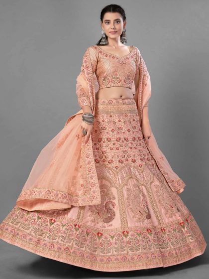 Satin Fabric Designer Lehenga Choli in Peach Colour.