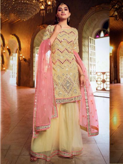 Beige Colour Organza Fabric Sharara Salwar Suit.