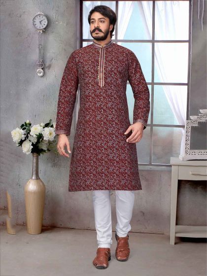 Maroon Colour Jacquard,Silk Fabric Party Wear Kurta Pajama.